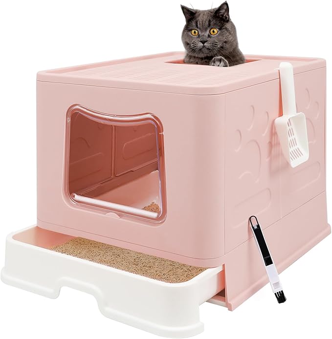 XL Foldable Cat Litter Box with Lid - Jumbo Enclosed Potty - Top Entry Anti-Splashing Toilet - Includes Scoop & 2-in-1 Cleaning Brush (Pink)