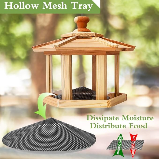 Solution4Patio Bird Feeder for Outdoors - USA Cedar Hexagon Gazebo Bird Feeders with Vented Mesh Tray, Easy-Clean & Fill Design 9.6" Dia. X 8.7" H 3.2-lb Capacity