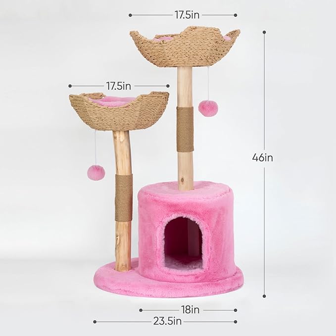 Modern Cat Tree for Indoor Cats, Large Adult 46" Tall, Wooden Cat Tower with Scratching Post, Luxury Cat Condo, Pink