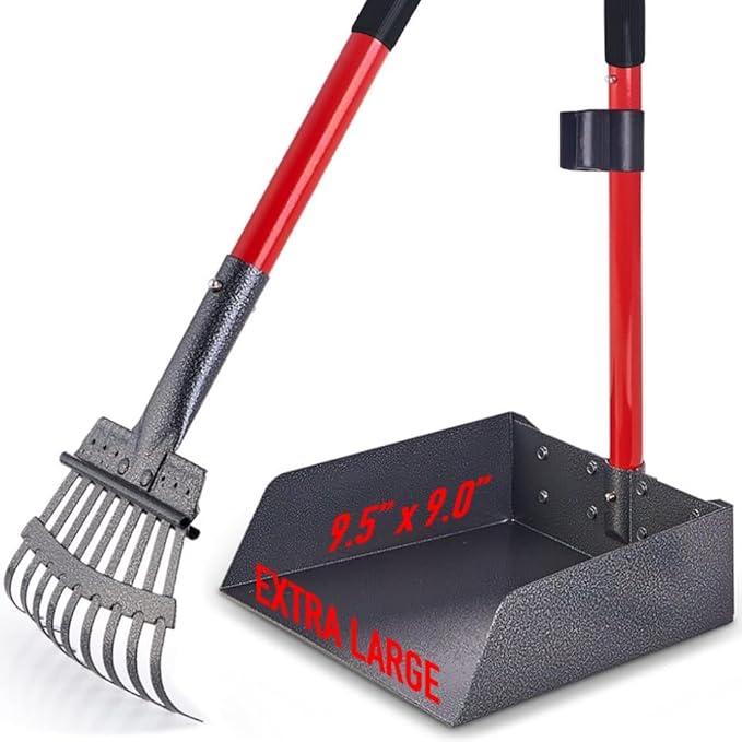 Pooper Scooper for Large Dogs, Small Dogs and Horses, Metal Poop Scooper Set with Long Handle Rake and Tray for Yard, Grass, Dirt or Gravel, Heavy Duty Aluminum Poop Picker Upper