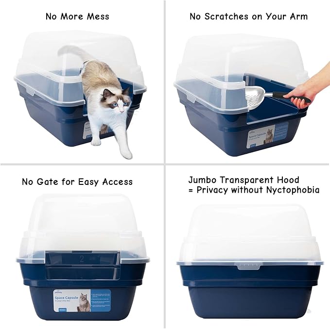 Petfamily Cat Litter Box, Large Foldable Jumbo Hooded Cat Litter Box with Transparent Lid (Navy Blue)