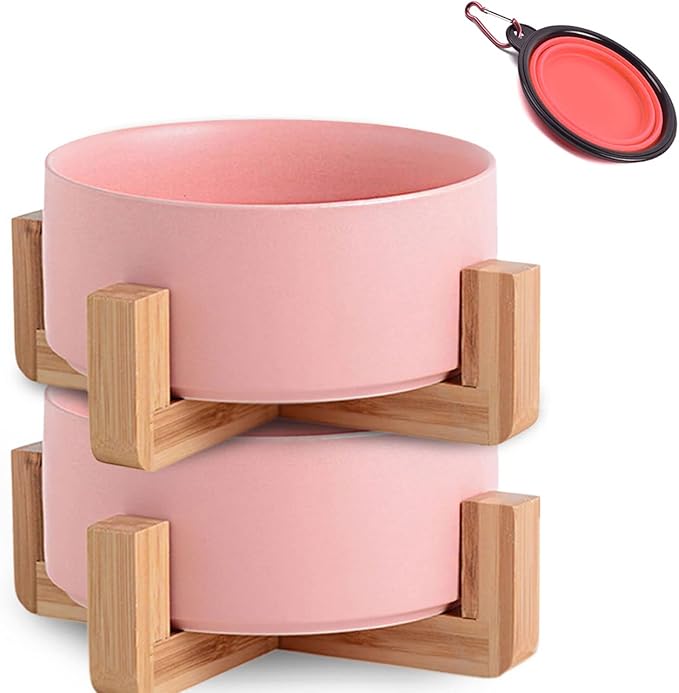 Petygooing Dog Cat Bowl Ceramic Pink Pet Dish with Stand for Food and Water, Modern Cute Matte Glaze Weighted Pet Bowls Set for Cats & Small Size Dogs 13.5 OZ (5.1In / 1.7 Cups) Pink
