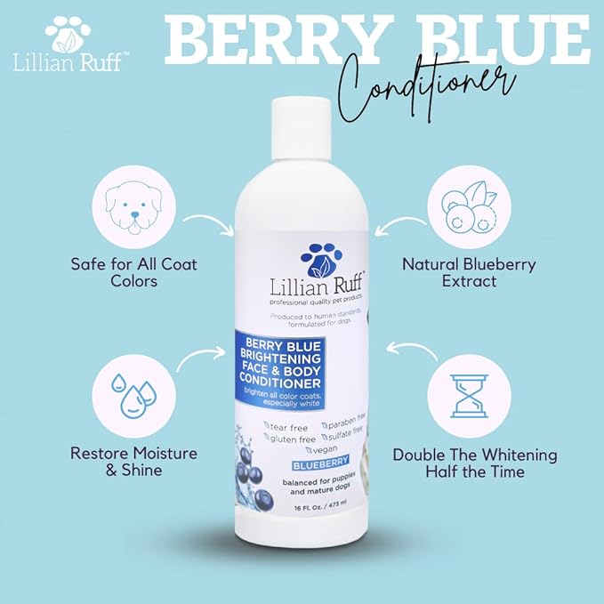 Lillian Ruff PRO Formula Berry Blue Brilliance Bundle - Ultimate Tear Stain & Odor Eliminator Set, Includes Berry Blue Shampoo, Conditioner & Waterless Shampoo, Hydrate, Soften & Detangle, USA Made