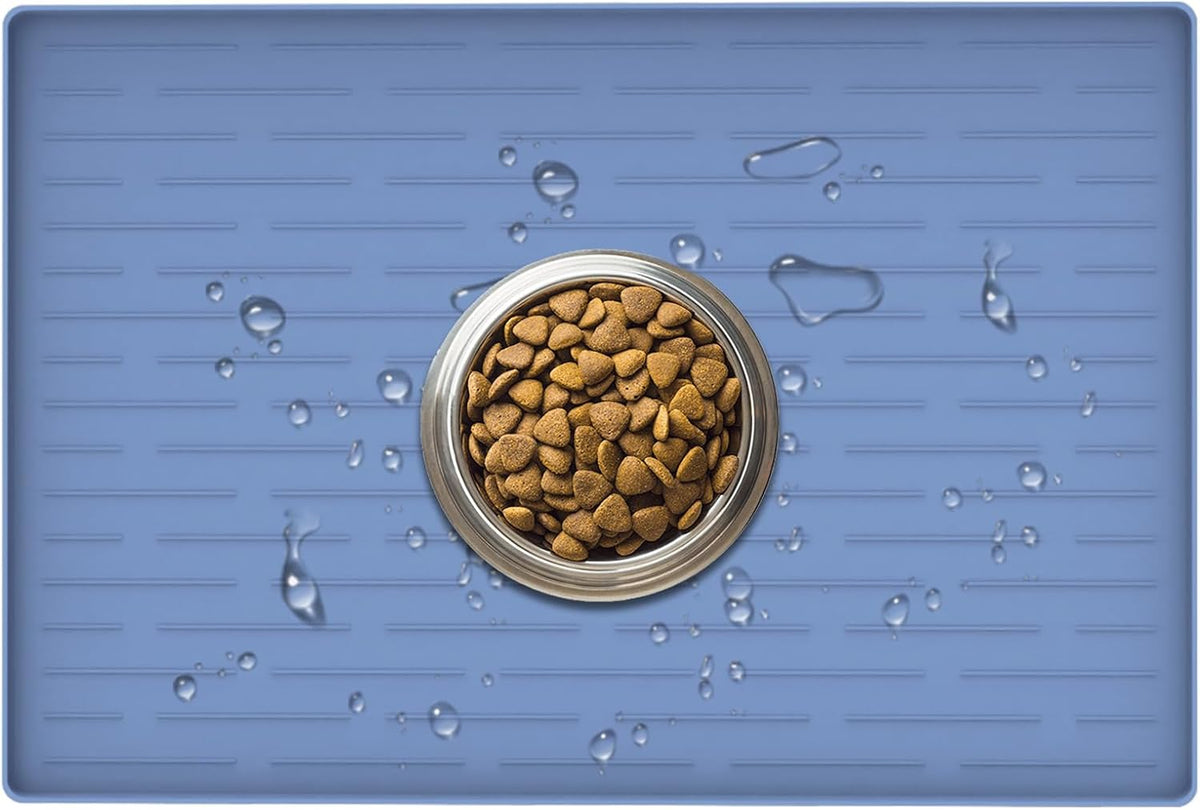 24" x 16" Dog Food Mat, Silicone Pet Mats for Food and Water, Nonslip Pet Feeding Mats for Floors, Dog Cat Bowl Mat with Raised Edges, Lake Blue