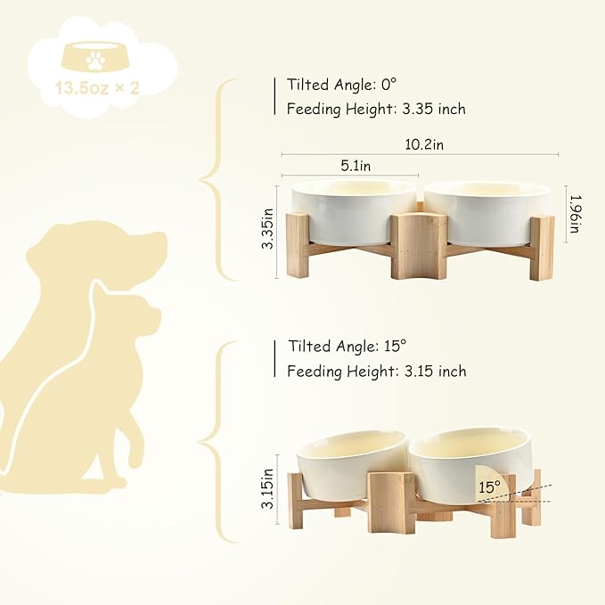 SPUNKYJUNKY 15° Slanted Ceramic Dog and Cat Bowl with Wooden Stand, Tilted Bulldog Food and Water Bowl No Slip Non-Spill for Cats Medium Dogs Big Face Pets 13.5 OZ (1.7 Cups, Beige × 2)