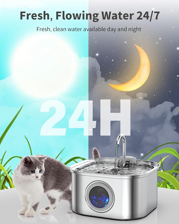 Cat Water Fountain Stainless Steel, 108oz/3.2L Automatic Pet Water Dispenser with 5V Quiet Pump, Triple Filtration, Visible Water Level Window, for Cats, Dogs, Multi-Pet Homes