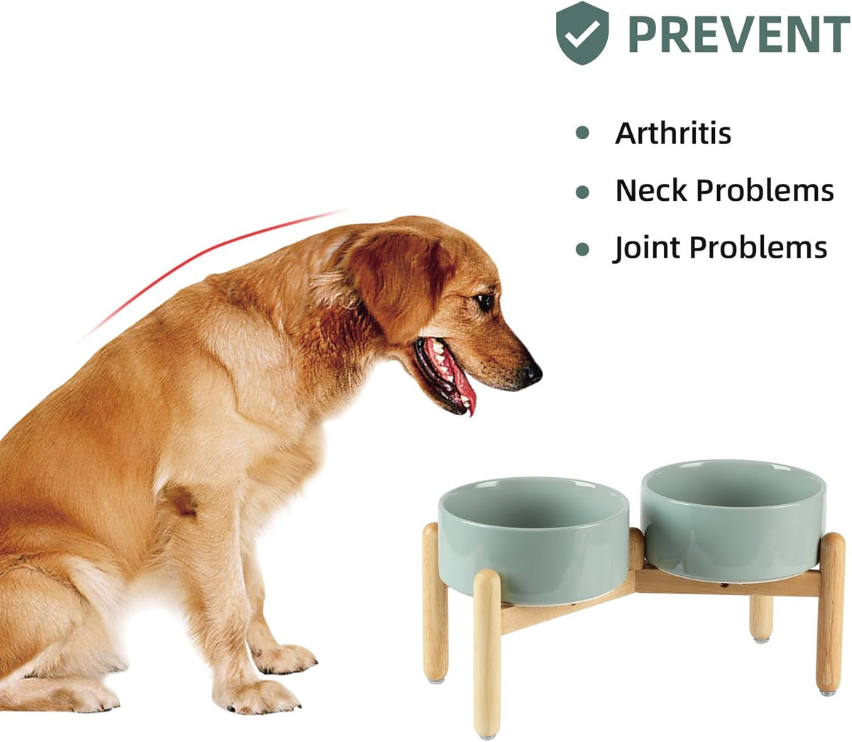 Ceramic 7.3inch Raised Double Bowls Set with Wooden Stand, Food & Water Bowls for Medium Breed Dogs, Weighted Dog Dishes, Pet Feeder(Light Green)