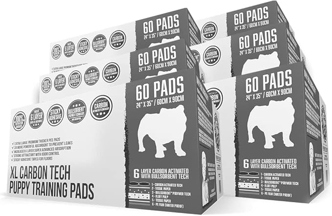 Bulldoglogy Carbon Black Puppy Pee Pads with Adhesive Sticky Tape - Extra Large Charcoal Housebreaking Dog Training Wee Pads (24x35) (360-Count, Black)