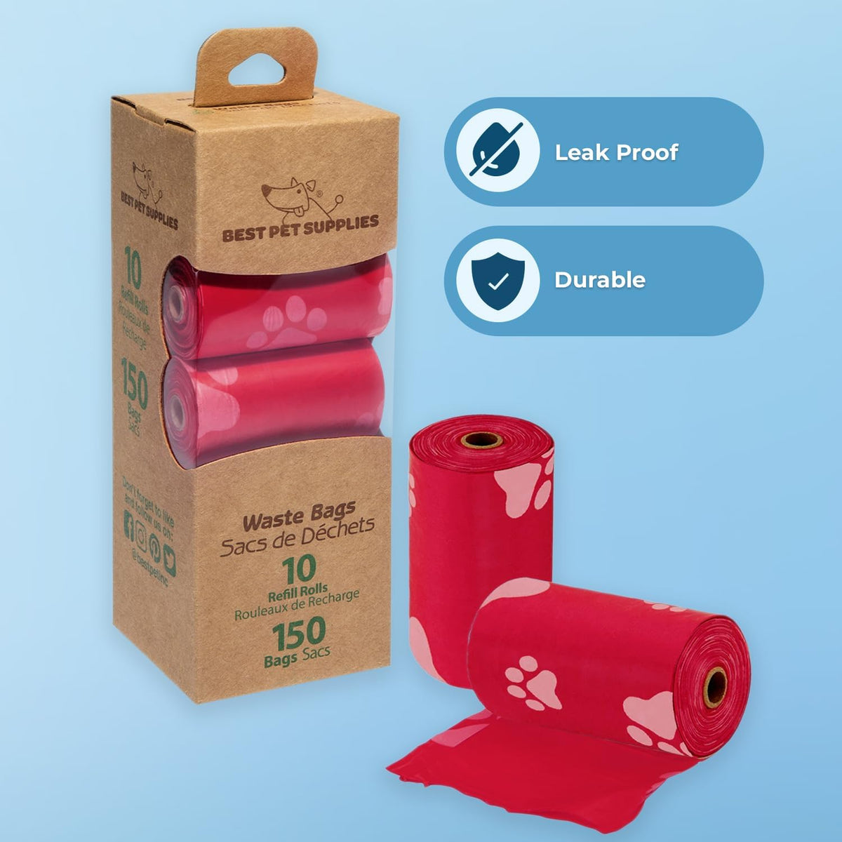 Best Pet Supplies Dog Poop Bags (150 Bags) for Waste Refuse Cleanup, Doggy Roll Replacements for Outdoor Puppy Walking and Travel, Leak Proof and Tear Resistant, Thick Plastic - Red