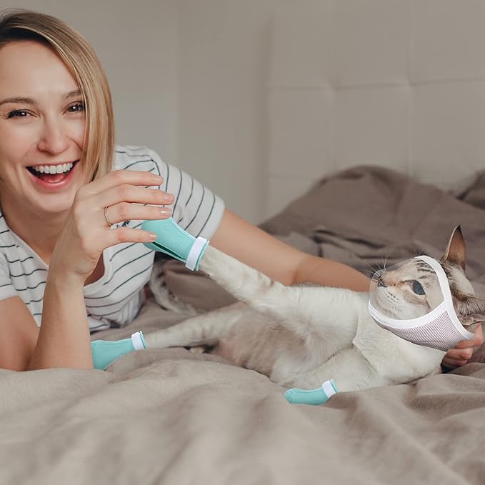 Hillban Cat Muzzle for Grooming with 4 Silicone Boots Breathable Transparent Face Guard Silicone Cat Claw Covers Anti Scratch Booties to Prevent Scratching Biting Bathing Trimming(Small)