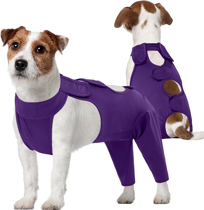 Kuoser Thigh Wound Protective Sleeve for Dogs, Dog Surgery Recovery Suit for Rear Legs, Dog Recovery Sleeve for Female Male Dogs, Dog Onesie After Surgery Pet Surgical Suit for Spay Neuter, Purple XS