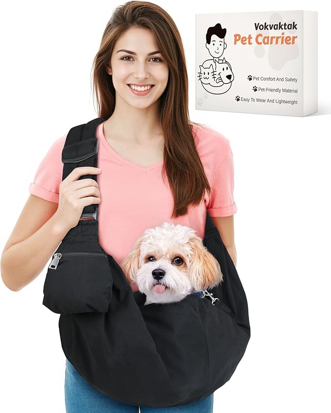 Pet Carrier Sling for Small Dogs and Cats, Dog Carrier Sling with Adjustable Thick Padded Shoulder Strap and Pocket, Hands Free Puppy Carrier Purse for Travel or Everyday Use