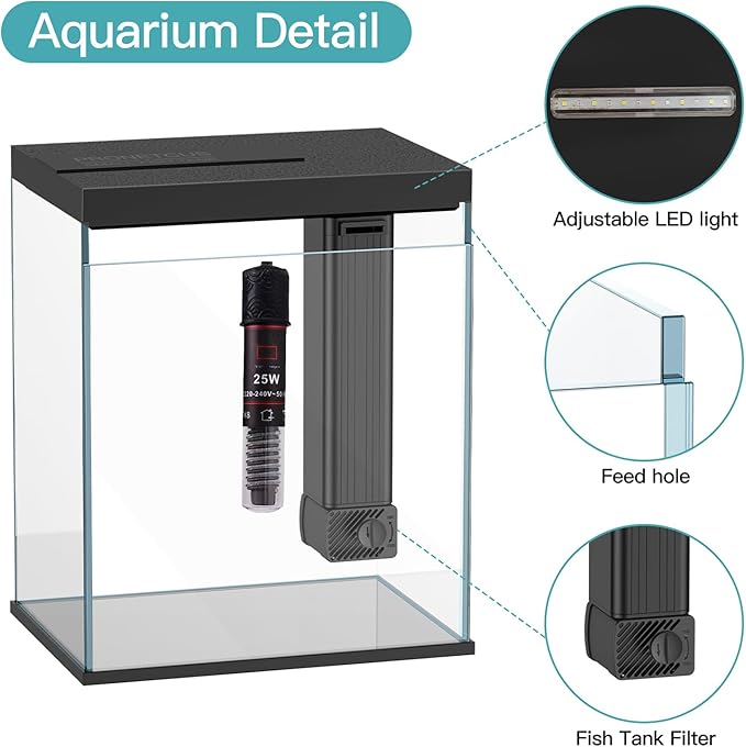 Glass Betta Aquarium Starter Kits, 2 Gallon Fish Tank with Heater Filter and Light.