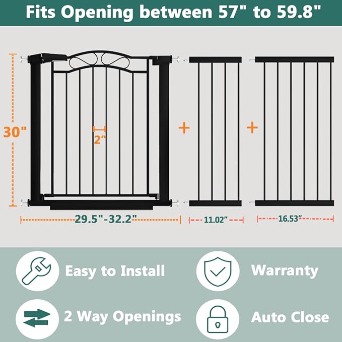 Fairy Baby 57.1"-59.8" Extra Wide Baby Gates with Door, 58 59 Inches Child Gate for Todder Kids, Metal Pressure Mounted Pet Dog Gate, Walk Thru Safety Gate for Doorway Stairs, Black