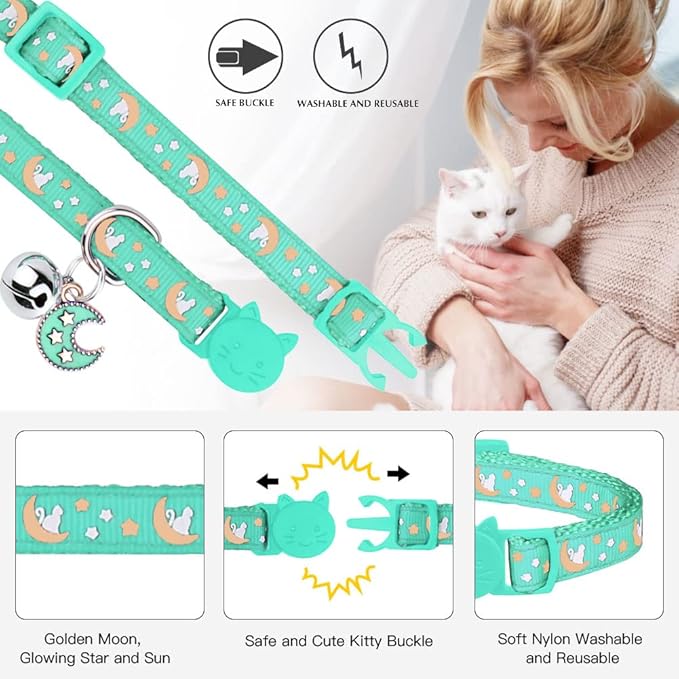 2Pcs Breakaway Cats Collars Cat Collars for Boy & Girl Cats Adjustable Kitten Collars with Bell,Black+Teal,8"-13.1"