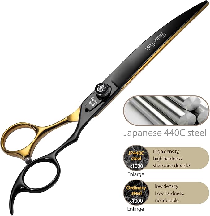 Fenice Peak 7'' Black Dog Grooming Scissors Goldern Curved Scissors with Ergonomic Offest Handle and Pattern Screw Pet Grooming Trimming Shears Durable and Sharp 440C