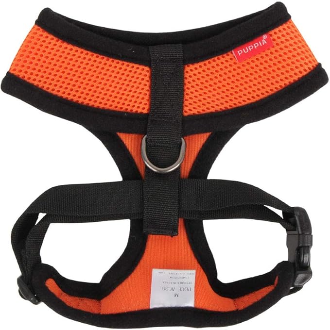 Puppia Soft Dog Harness No Choke Over-The-Head Triple Layered Breathable Mesh Adjustable Chest Belt and Quick-Release Buckle, Orange, Large