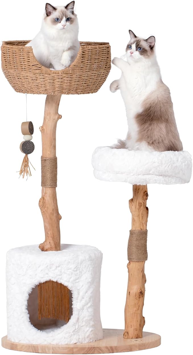 Cat Tree Tower with Two Real Branches, 44 INCH Wood Modern Cat Tower with Luxury Cat Condo, Cat Scratching Post, Jumping Platforms, Cat Furniture (Short Plush)