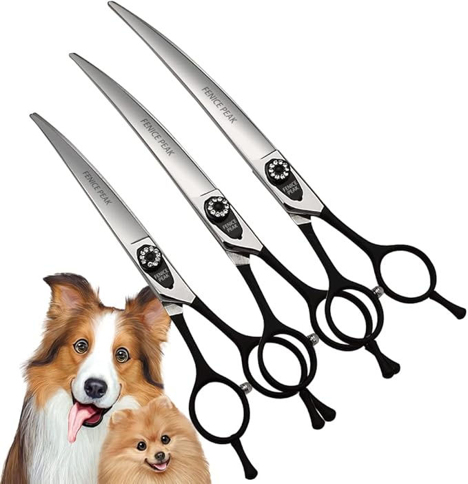 Fenice 8.0 inch Dog Grooming Curved Scissors with Jeweled Screw for Pets Japan 440C Stainless Steel Sharp Blade Light Weight Comfortable for Right Handed Groomers