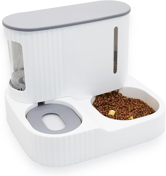 Kathson Automatic 2 in 1 Cat Feeder and Water Dispenser, Gravity Feed Pet Feeder for Indoor & Outdoor Cats (Grey)