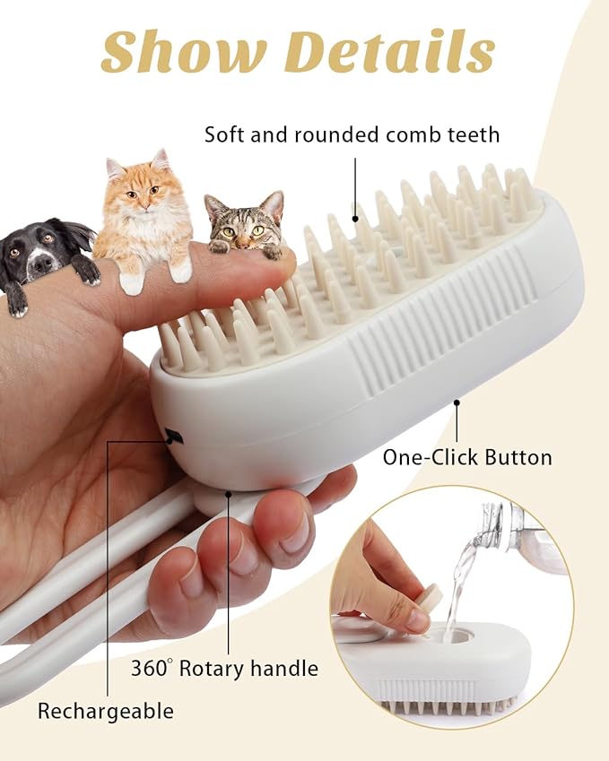 6 in 1 Cat Steam Brush for Shedding, Portable Anti-Static Grooming Comb for Cats & Dogs, Steam Misting Water Brush, Self-Cleaning Pet Hair Remover, Indoor Cat Spray Brushes for Cats & Dogs