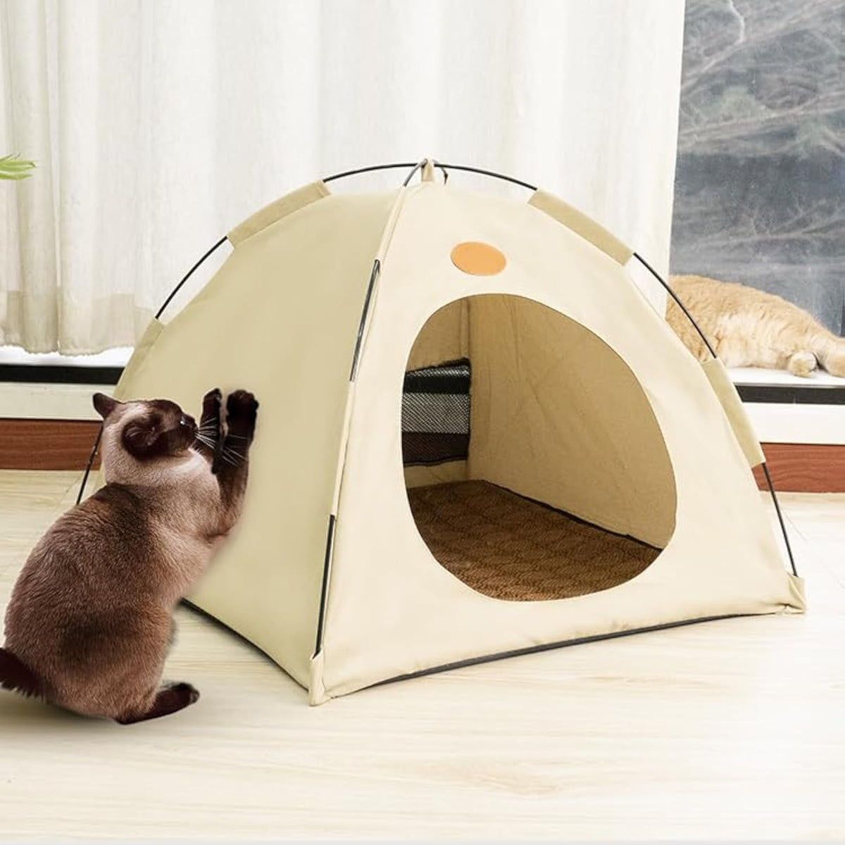 BreezyDen Pop-Up Pet Tent – Portable Indoor/Outdoor Cat Tent, Waterproof Pet Hideaway for Cats & Small Dogs with Mesh Window, Anti-Slip Base & Washable Design (White, M (8 catties Kitten))