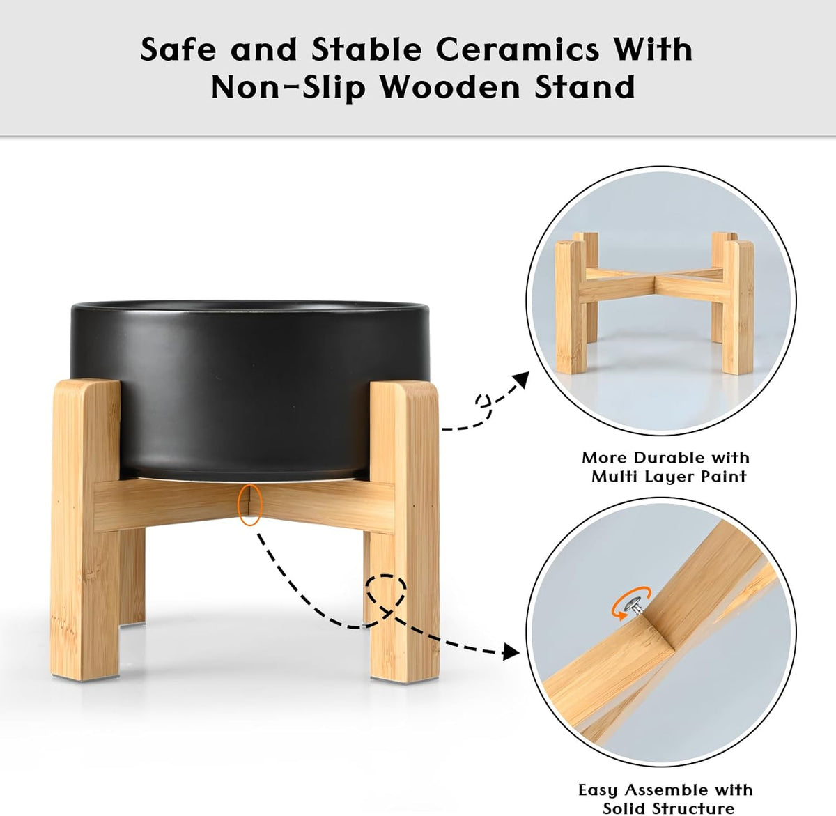 SPUNKYJUNKY Ceramic Elevated Dog Bowls 2 Pack - 5.1inch Raised Dog Bowls with Non-Slip Wooden Stand for Small Dogs Dishwasher Safe(Black,13.5OZ*2)