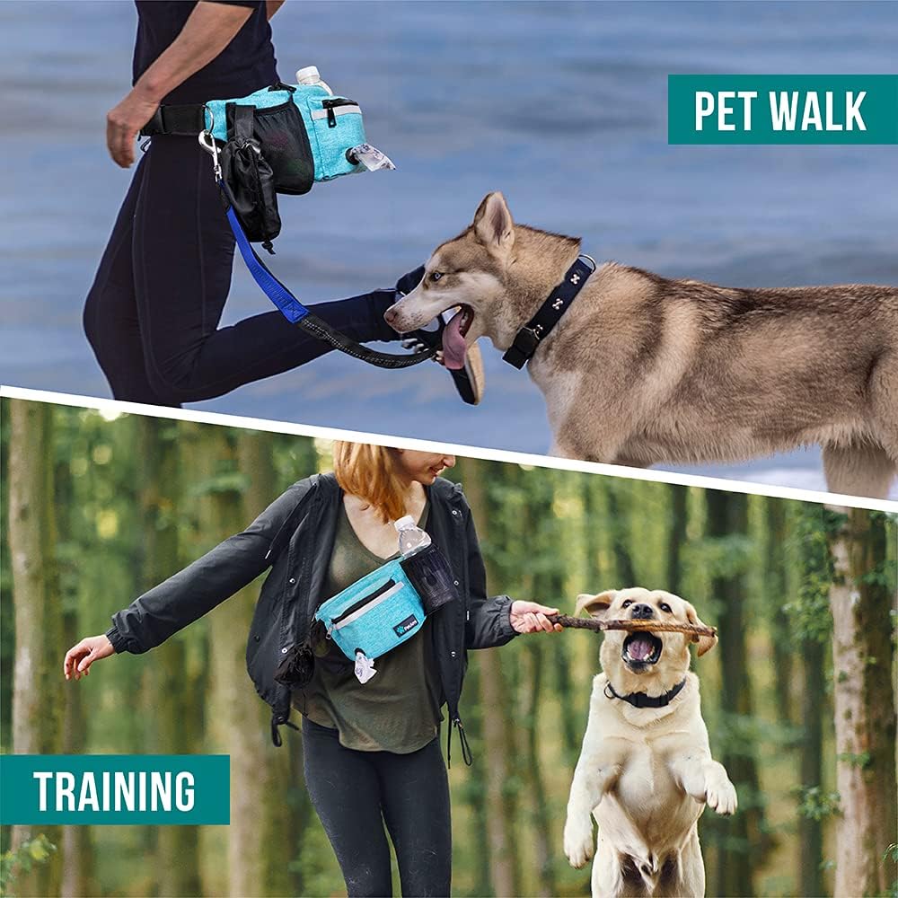 PetAmi Dog Fanny Pack, Treat Pouch for Dog Walking, Training, Built in Poop Bag Dispenser, Water Bottle Holder, Collapsible Bowl, Pet Treat Waist Belt for Hiking, Running, Kibbles (Turquoise)