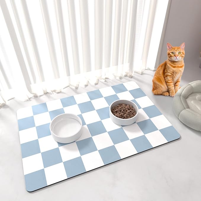 Pet Feeding Mat, 16"x 24" Absorbent Dog Food Mat, Checkered Cat Bowl Mats, Easy to Clean Pet Placemats, Quick Dry Dog Water Dispenser Mats for Messy Drinkers, Blue & White