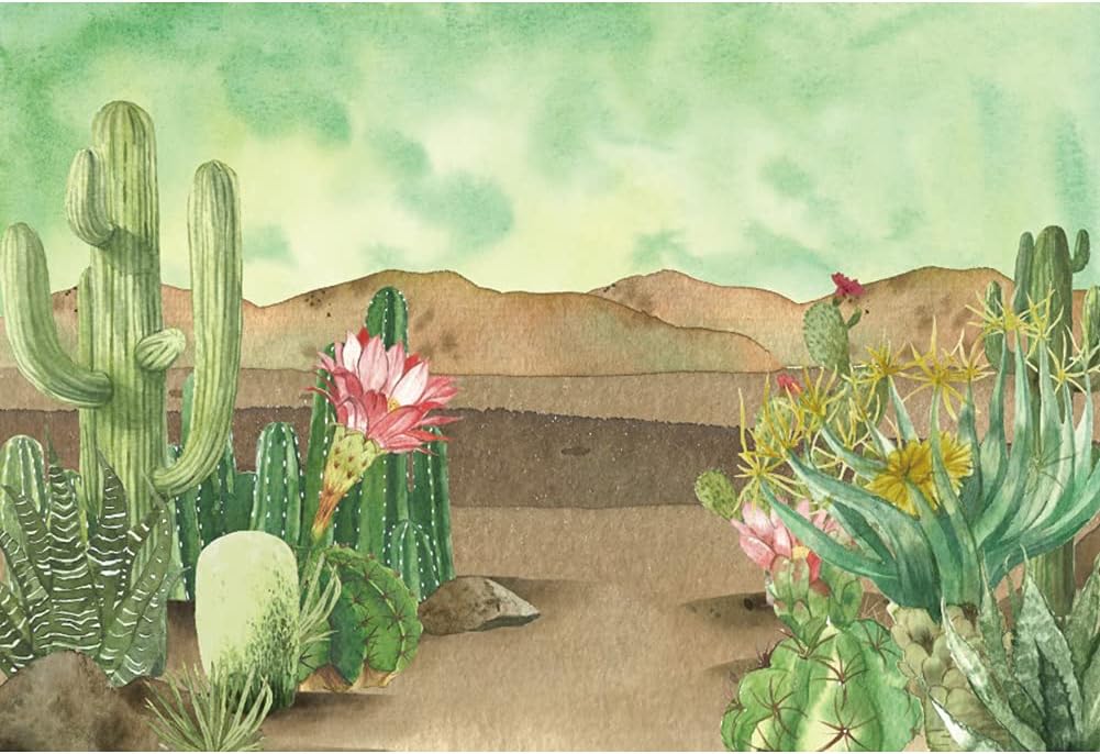 Renaiss 9x6ft Floral Cacti Backdrop Watercolor Aloes Cactus Flowers Desert Scenery Photography Background Botanical Mexican Fiesta Baby Shower Bridal Shower Birthday Party Decors Photo Studio Props