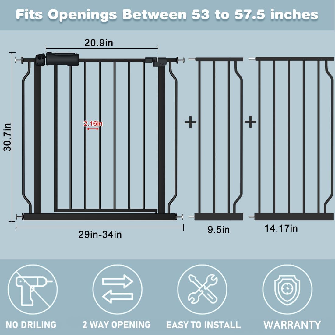 Extra Wide Baby Gate Black 53-57.5 Inch Wide Walk Through Pressure Mounted No Drill Long and Large Tension Metal Gate for Dog and Toddler