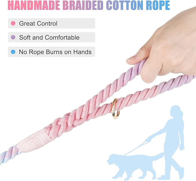 Dog Leash 5 FT Handmade Braided Cotton Rope Leashes for Small Medium and Large Dogs, New Golden Heavy Duty Metal Clasp, Colorful Macaron