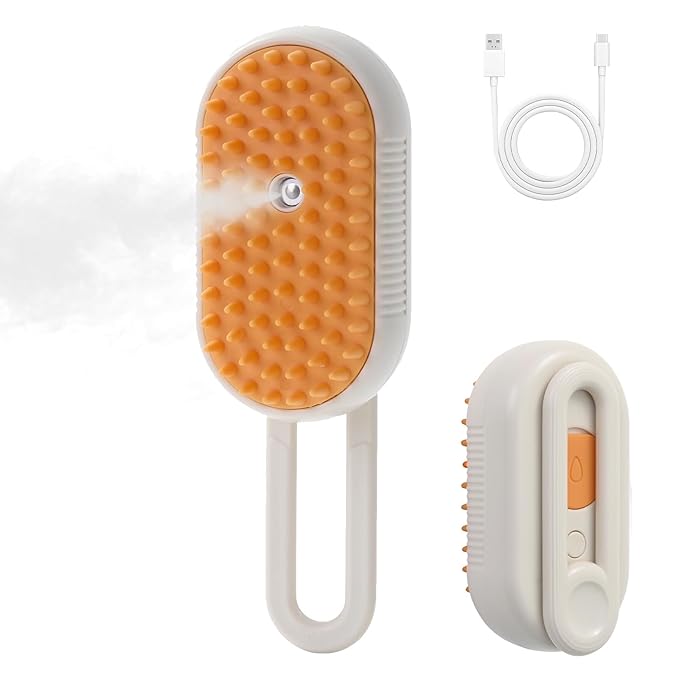 4 in 1 Cat Steam Brush for Shedding, Rechargeable Steam Pet Brush for Dog and Cat, Anti-Static, Massage, Cleaning, Shedding & Combing All In One!(Brown)