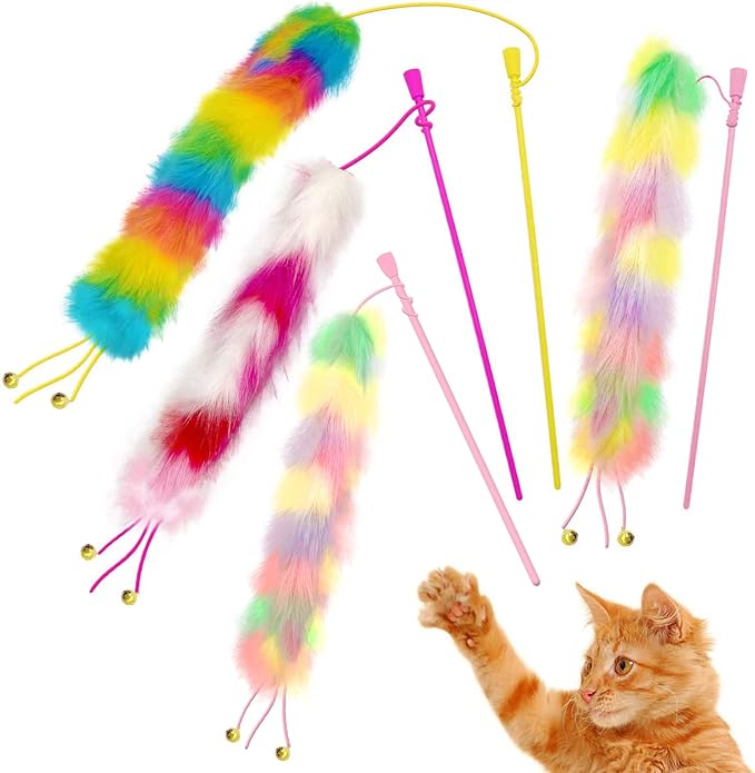 4 Pack Cat Wand Toy, Rainbow Cat Feather Toys with Bells, Teaser Wand with Soft Furry Tail, Interactive Toys for Indoor Cats & Kitten & Kitty