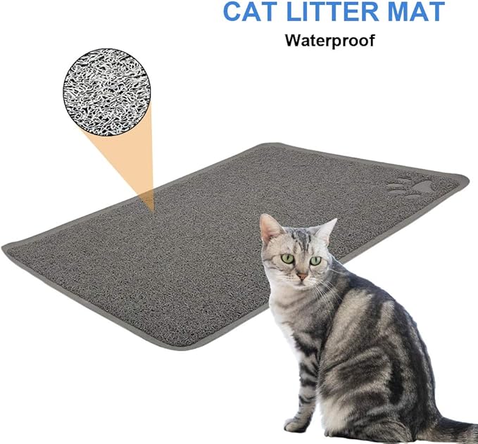Cat Open Top Litter Box with Lid, Litter Mat, Poop Lifter Scoop & Kitten Kitty Stainless Steel Feeding Dish Bowl, Starter Kit 4 Pack for Small cat Within 5 Months (Grey-Four Entries)