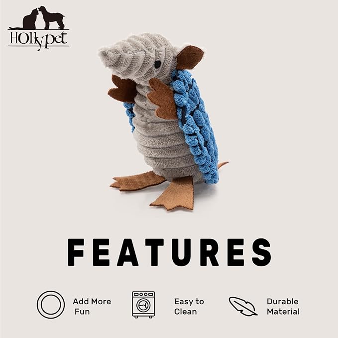 Hollypet Plush Dog Squeaky Toy Stuffed Armadillo Animal Pet Puppy Chew Toys with Clean Teeth for Small Medium Large All Breed Sizes Dogs, Blue, 6 in
