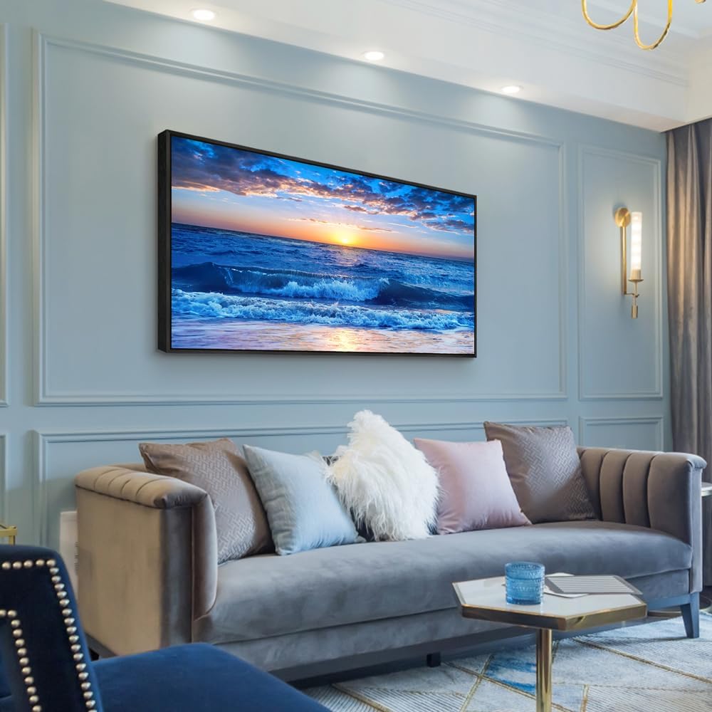 Wapluam Canvas Wall Art For Living Room Large Wall Decor For Bedroom Office Wall Decorations Blue Ocean Beach Wall Painting Sunny Sea View Wave Wall Pictures Artwork Room Home Decor Black Framed
