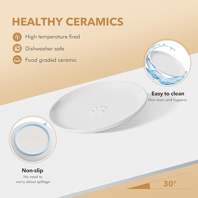 6.1'' Ceramic Wide Cat Dishes, Set of 3 Ceramic Cat Bowls, Indoor Kitten Feeding Wet & Dry Shallow Food Dish Anti Whisker Fatigue(3 Pcs, White)