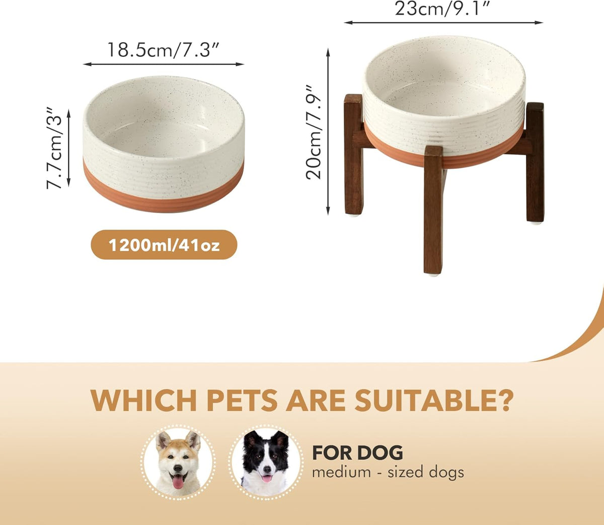 Ceramic 7.3inch Raised Dog Bowl Set, Elevated with Acacia Wood Stand, Food and Water Bowl for Medium Breed Dogs, Weighted Pet Dishes(41oz, Vanilla White)