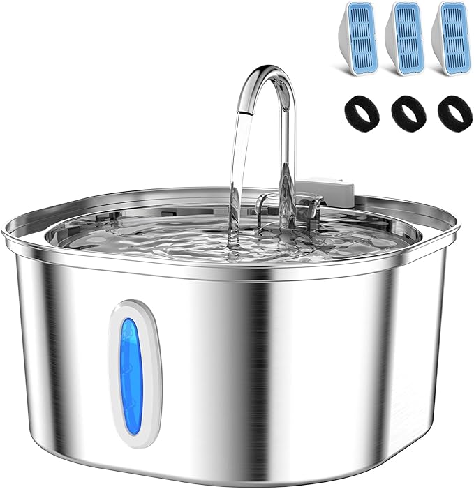 PEKTACO Stainless Steel Cat Water Fountain, 3.2L/108oz Cat Water Dispenser with Quiet Water Pump and Water-Level Window, Dishwasher Safe Pet Drinking Fountain for Cats with 3 Filters + 3 Sponges