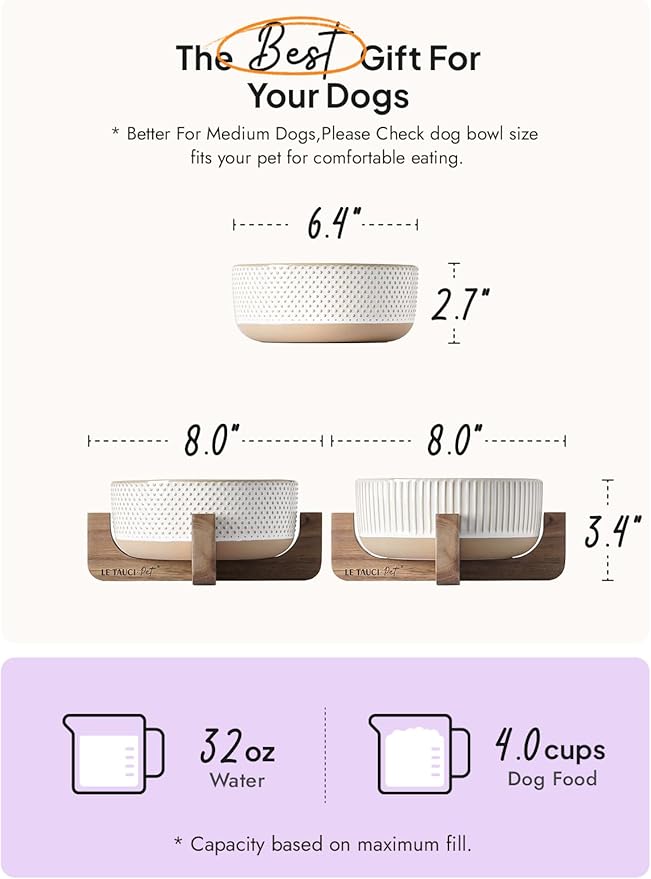 Ceramic Dog Bowls for Medium Small Dogs - 4 Cup Medium Dog Food and Water Bowls with Wood Stand, Cute Pet Dishes Set of 2, Lines+Dot