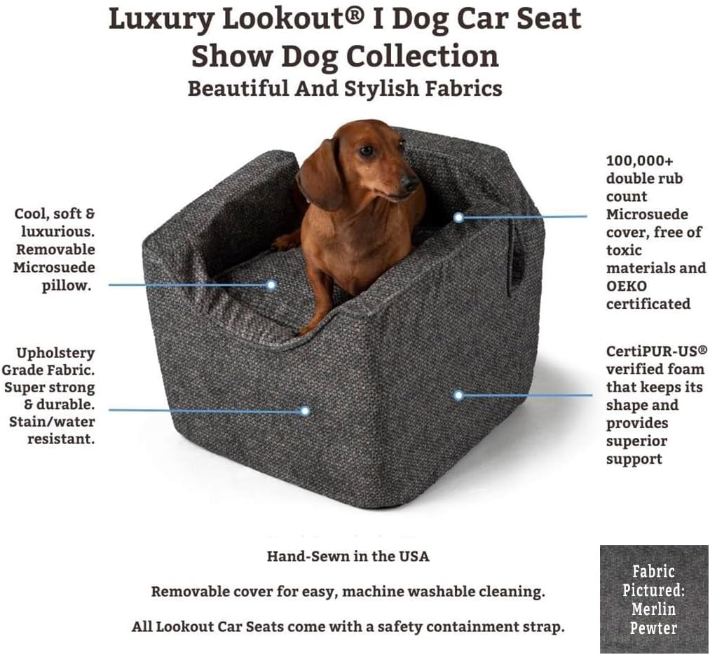 Snoozer Dog Car Seat, Lookout I Dog Booster Car Seat for Small Dogs Under 25lbs, Size: Medium, Fabric: Merlin Linen, Pet Car Seat to Alleviate Car Sickness for Dogs, Removable Machine Washable Cover