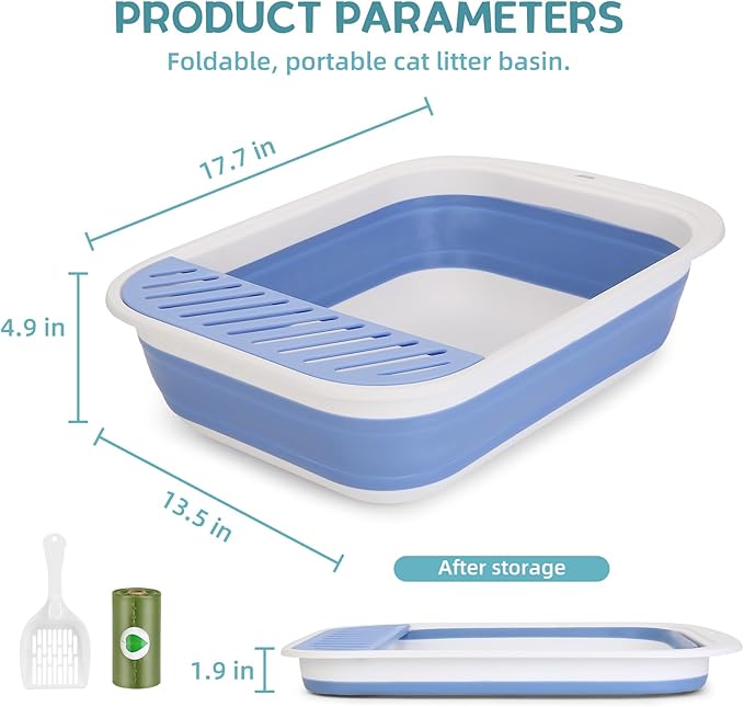 Collapsible Kitten Litter Box, ShineMe Open Top Small Cat Litter Box with Scoop and Litter Bag, Anti-Splash Waterproof Kitty Toilet Potty Pan for Sick Frail Cat 17" x 13.5", Blue