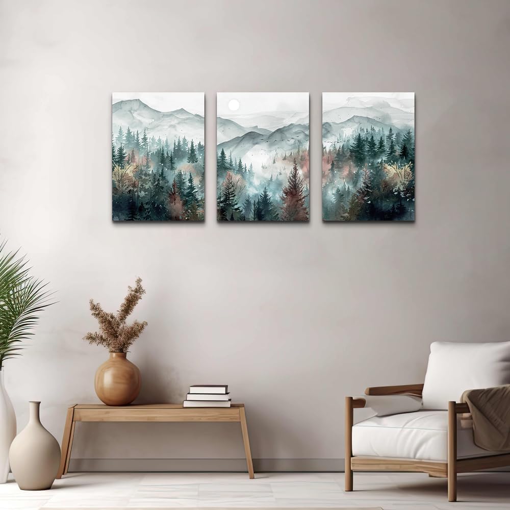 TTHYUEWS Farmhouse Wall Art For Bedroom Wall Decor For Living Room Wall Pictures for Office Fog Forest Mountain Landscape Watercolour Painting Artwork Modern Home Decorations Ready To Hang 3 Piece