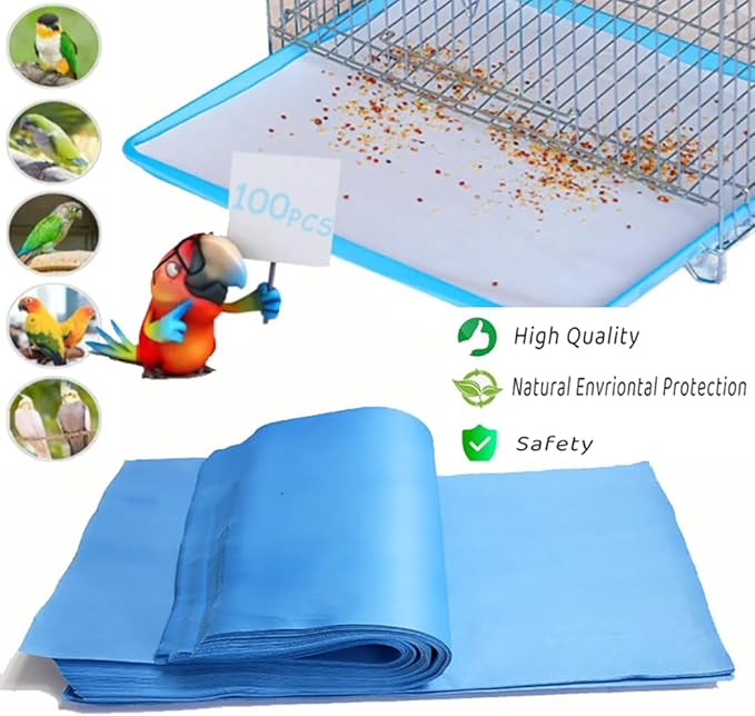 Firdnyohs 100 Pcs Bird Cage Liner Papers 11X17in Blue Cage Paper Liners Disposable Cage Paper Liners Thicken Precut Absorbent Cushion Pad Mat Accessories for Pet Bird Parrot(Blue)