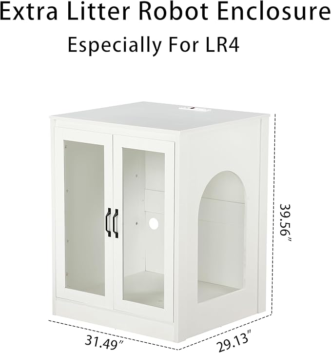 Cat Litter Robot Enclosure with Cat-Observant Glass Doors,Litter Robot Cabinet with Cozy LED for Cats,Reversible and Optional Entry(Left or Right),Power Outlet for More Choice, (White)