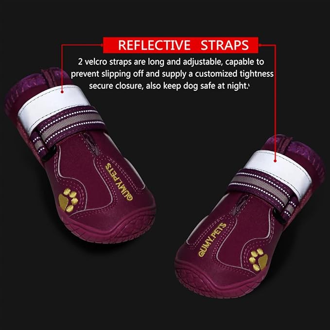 QUMY Dog Shoes for Large Dogs, Medium Dog Boots & Paw Protectors for Winter Snowy Day, Summer Hot Pavement, Waterproof in Rainy Weather, Outdoor Walking, Indoor Hardfloors Anti Slip Sole Purple Size 7