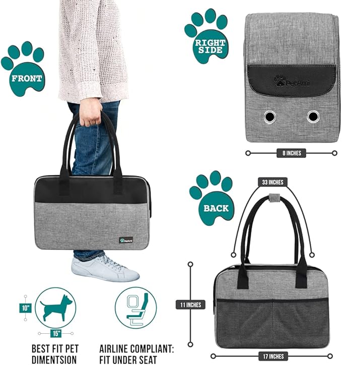 PetAmi Dog Purse Carrier for Small Dogs, Airline Approved Soft Sided Pet Carrier with Pockets, Ventilated Dog Carrying Bag for Puppy Cat, Dog Travel Supplies Bag, Sherpa Bed, Max 12 lbs, Gray