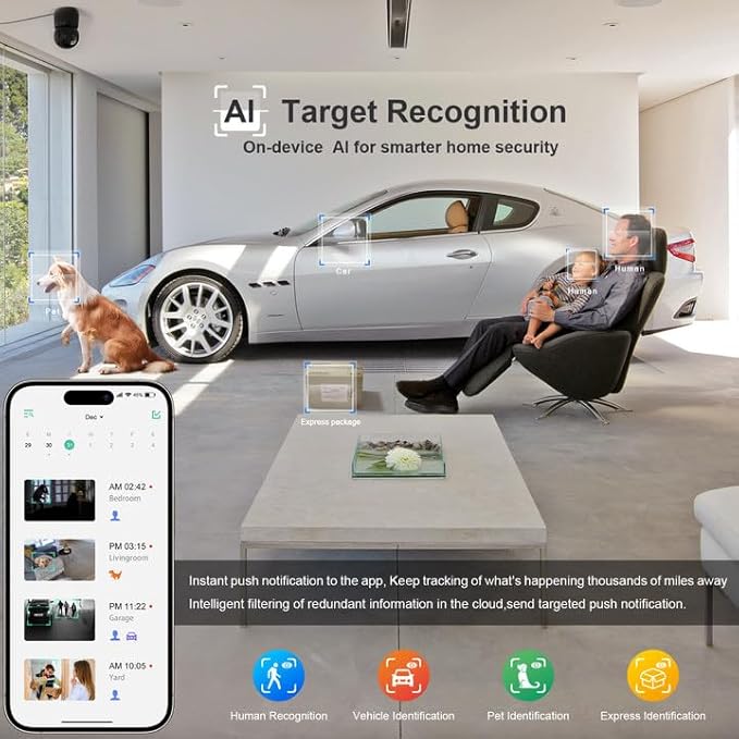 Indoor Camera, 2K Cameras for Home Security with App Motion Detection Auto Tracking Alarm Live Notice Schedule Default Location, Pet Camera with Night Vision, 2.4 GHz Black