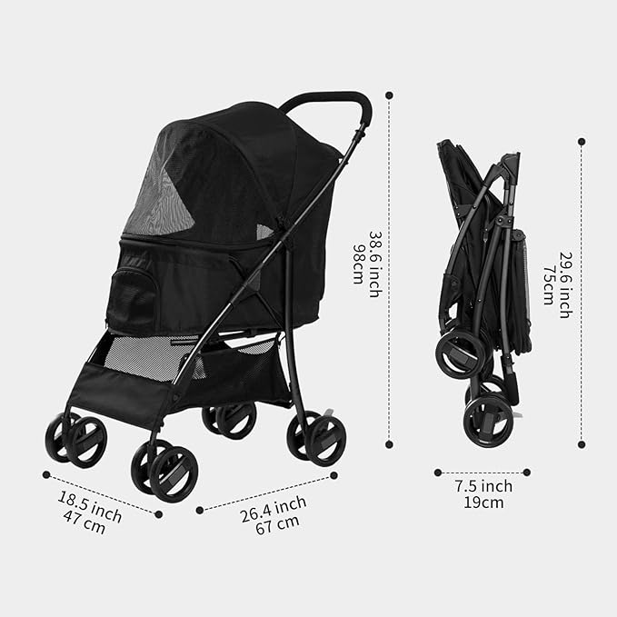 Sunny Sonny Foldable Jogger Pet Stroller with Weather Cover Storage Basket Pet Travel Carrier for S/M Dogs Cats up to 33lbs (Black)